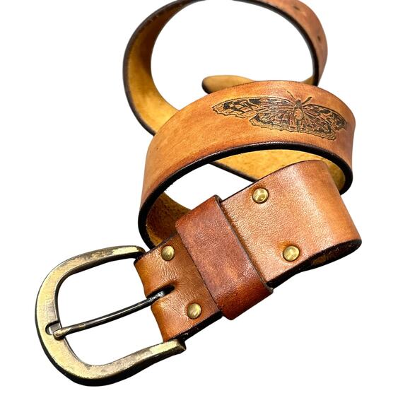 VTG Latitan Leather Belt 26 Brown Hand Tooled Stained Butterfly Bras Buckle Boho - Picture 7 of 14